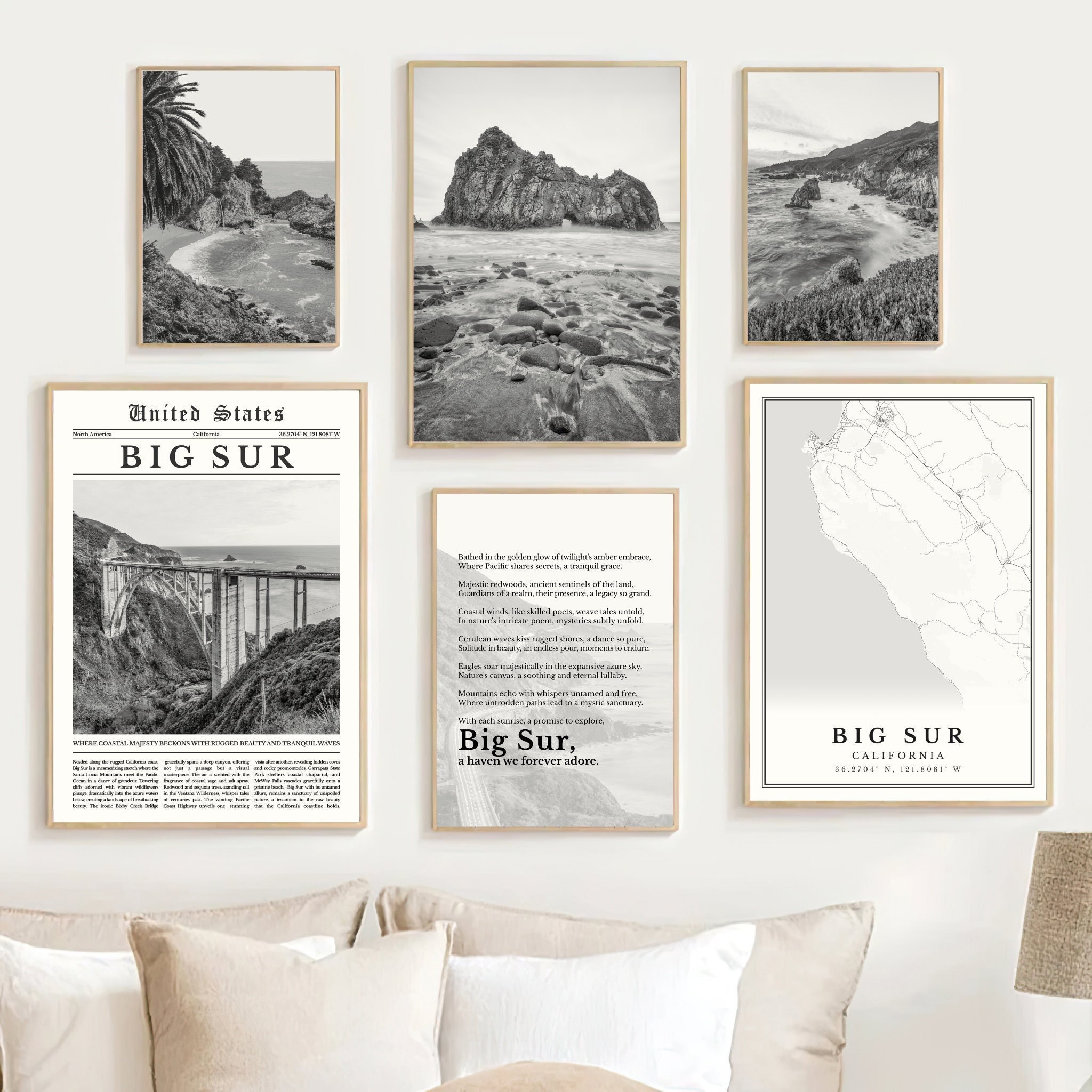 Digital Big Sur Print Set of 6, Black and White Big Sur Map Decor, Big ...