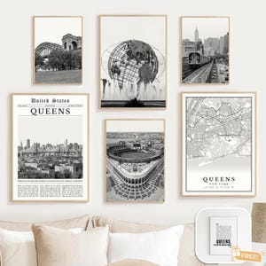 Digital Queens Poster Set Of 6, Queens Black and White Prints, Queens Art, Queens Map Decor, Queens NY Wall Art Travel Poster, New York Gift