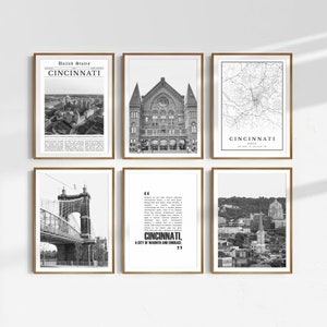 May include: A set of six black and white prints featuring various images of Cincinnati, Ohio. The prints include a vintage newspaper clipping, a building with a clock tower, a map of the city, a bridge, a quote about the city, and a cityscape.