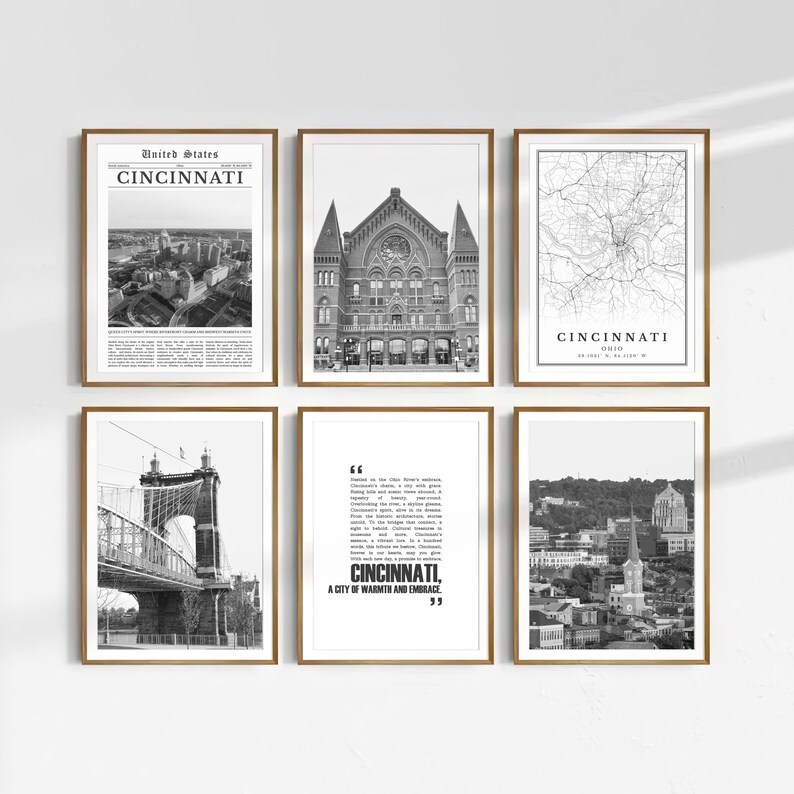 May include: A set of six black and white prints featuring various images of Cincinnati, Ohio. The prints include a vintage newspaper clipping, a building with a clock tower, a map of the city, a bridge, a quote about the city, and a cityscape.