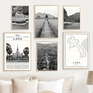 Laos Print Set Of 6, Digital Black and White Laos Map Artwork, Laos Art Decor, Laos Wall Art Photos, Luang Prabang Travel Poster, Laos Gifts