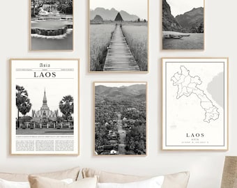 Laos Print Set Of 6, Digital Black and White Laos Map Artwork, Laos Art Decor, Laos Wall Art Photos, Luang Prabang Travel Poster, Laos Gifts