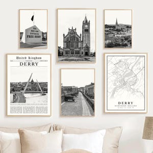 Derry Print Set Of 6, Black and White Derry Map, Londonderry Peace Bridge Wall Art, Museum of Free Derry, Derry City Walls Poster, Guildhall