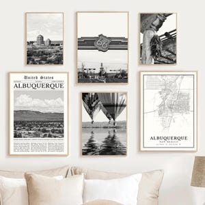 Albuquerque Print Set Of 6, Black and White Albuquerque Map, New Mexico Travel Poster Gifts, Sandia Mountain Wall Art Photos, Route 66 Decor