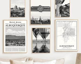 Albuquerque Print Set Of 6, Black and White Albuquerque Map, New Mexico Travel Poster Gifts, Sandia Mountain Wall Art Photos, Route 66 Decor