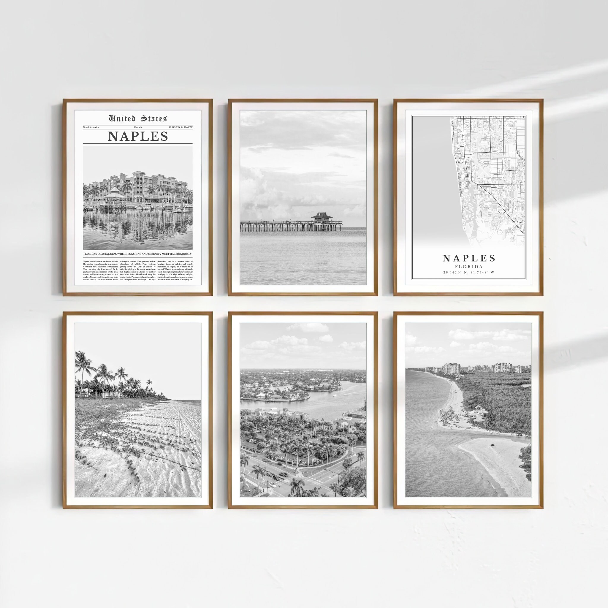 Naples Florida Print Set of 6, Black and White Naples Florida Map