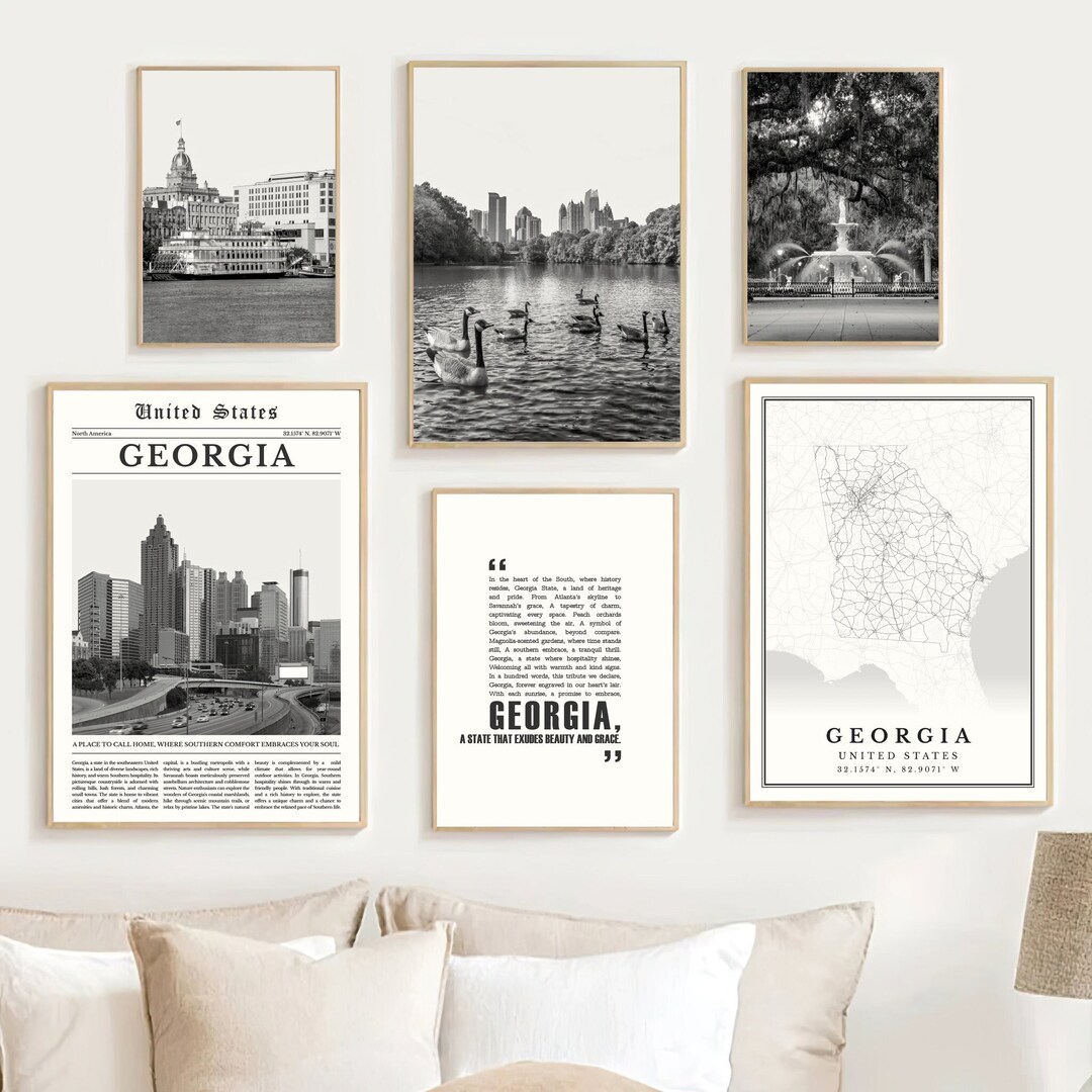 Digital Georgia Black and White Print Set of 6, Georgia State Map