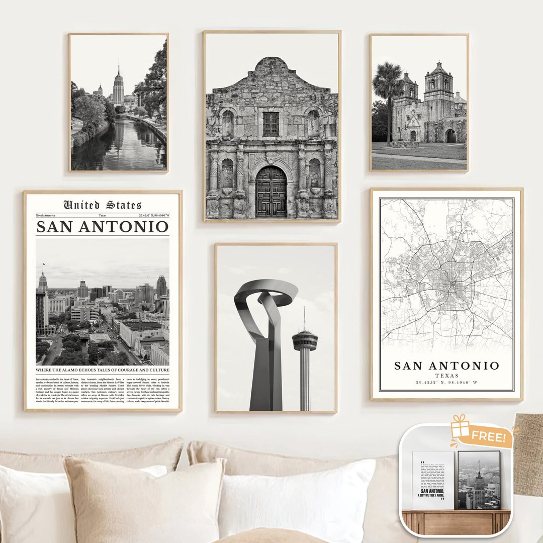 San Antonio Print Set of 6, Black and White San Antonio Map Decor, San Antonio Digital Wall Art ...