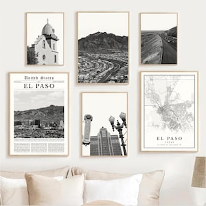 May include: A collection of six framed black and white prints. The prints depict El Paso, Texas, including a church, mountain landscapes, cityscapes, a map, and a newspaper-style print with text.