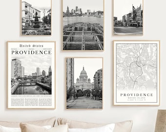 Providence Print Set Of 6, Black and White Providence Map Decor, Digital Providence RI Wall Art Photo, Rhode Island City Travel Poster Gifts