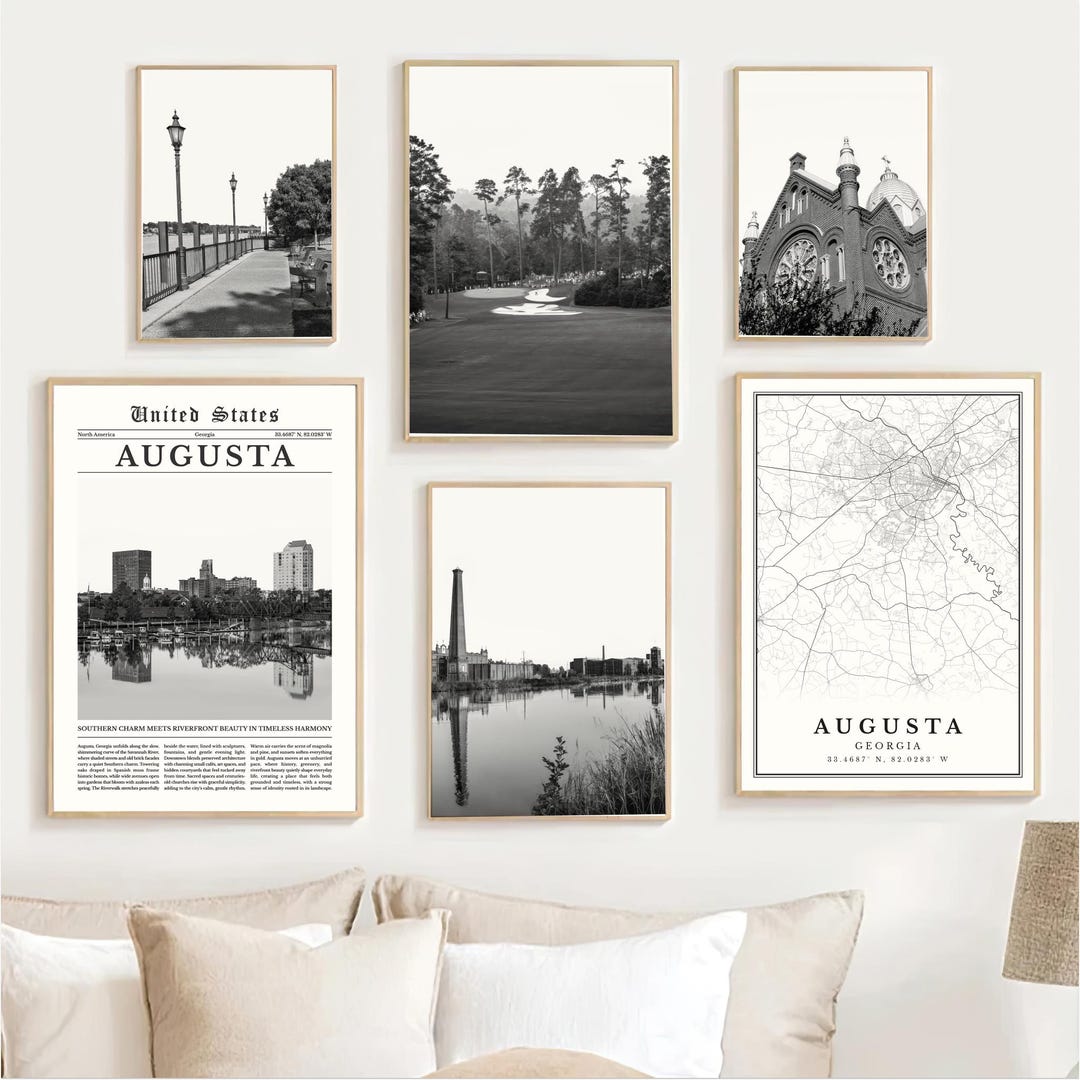 Augusta Print Set of 6, Black and White Map Decor, Savannah River Wall ...
