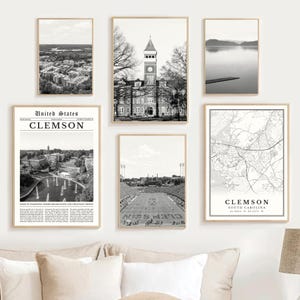 Clemson Print Set Of 6, Black White Clemson South Carolina Map, Memorial Stadium SC Wall Art, Tillman Hall Poster, Clemson University Gift