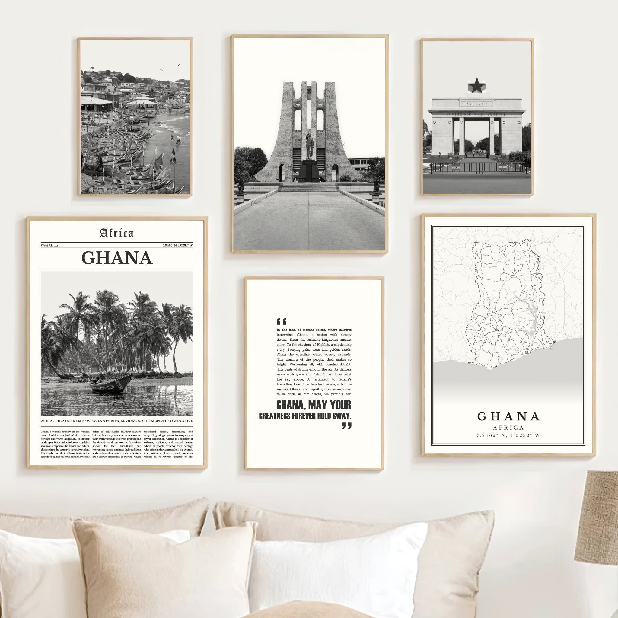 Digital Ghana Black and White Print Set of 6, Ghana Map, Ghana Poster