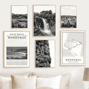 May include: A collection of framed black and white photographs featuring Honduran landscapes and landmarks. The images include a waterfall, a city view, a map, and a newspaper-style print with the text "HONDURAS".