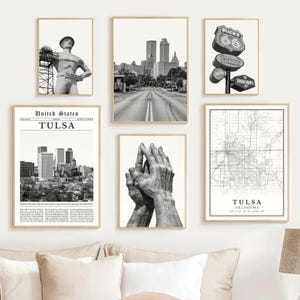 Tulsa Print Set Of 6, Digital Black and White Tulsa Map Decor, Tulsa Skyline Wall Art Photo, Tulsa Art OK Travel Poster, Tulsa Oklahoma Gift