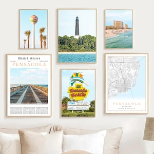 Pensacola Florida Print Set Of 6, Digital Pensacola Map Decor, Pensacola FL Travel Poster, Pensacola Beach Wall Art Photos, Pensacola Gifts