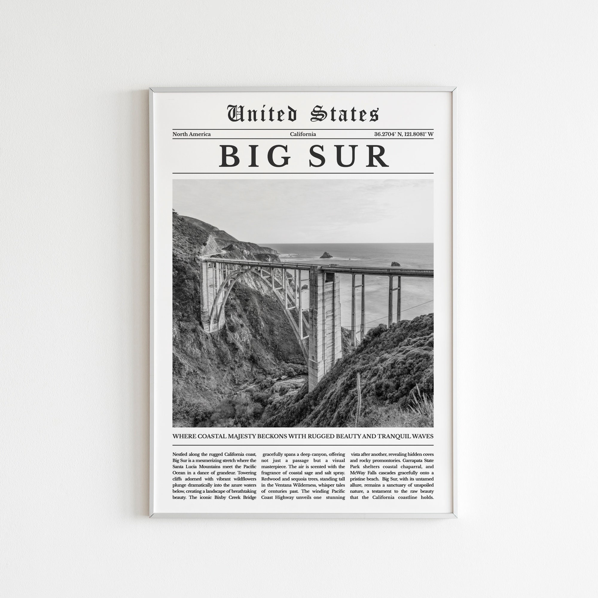 Digital Big Sur Print Set of 6, Black and White Big Sur Map Decor, Big ...