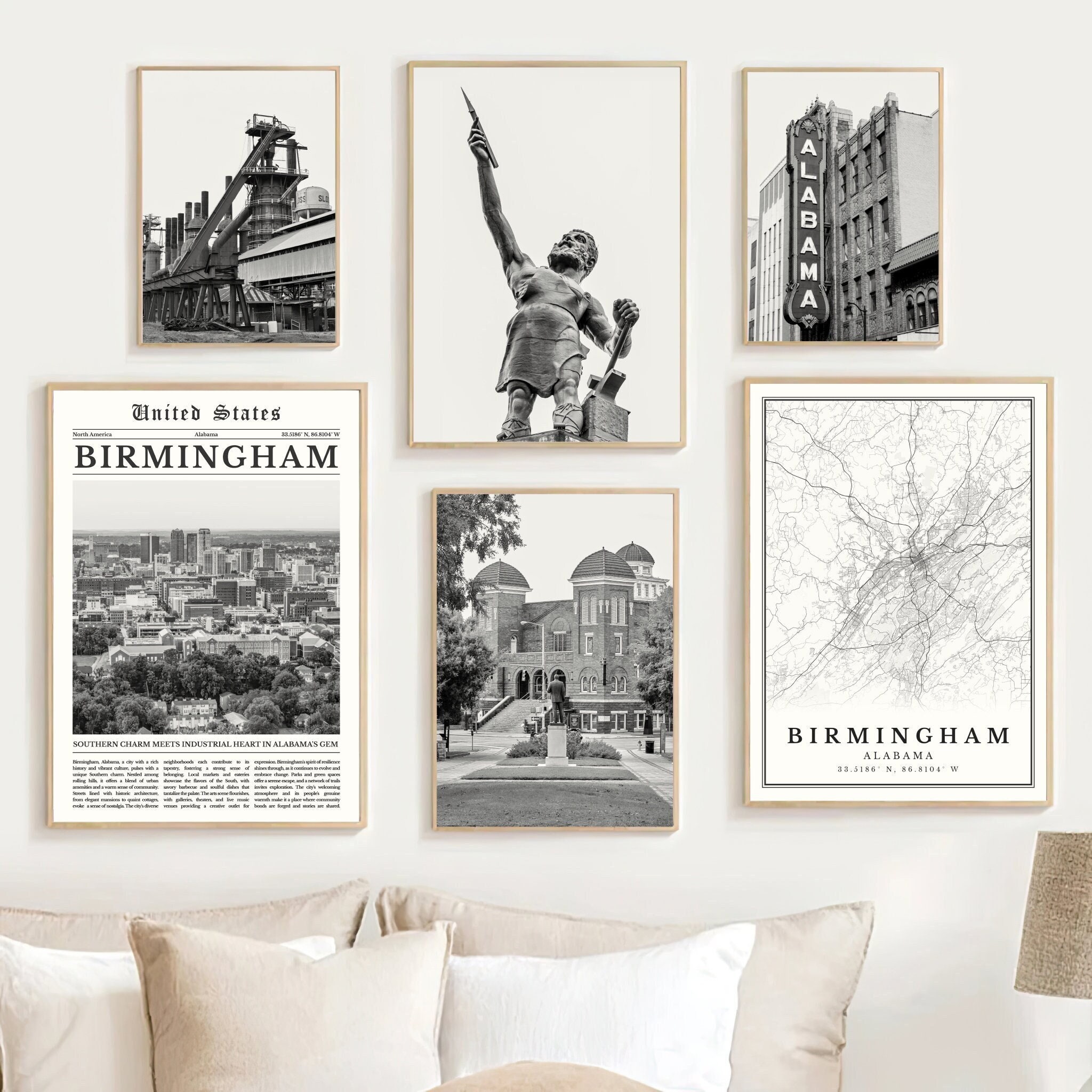 Digital Birmingham Alabama Black and White Print Set Of 6, Alabama Map, Birmingham Wall Art, Birmingham Art Decor, Birmingham Travel Poster