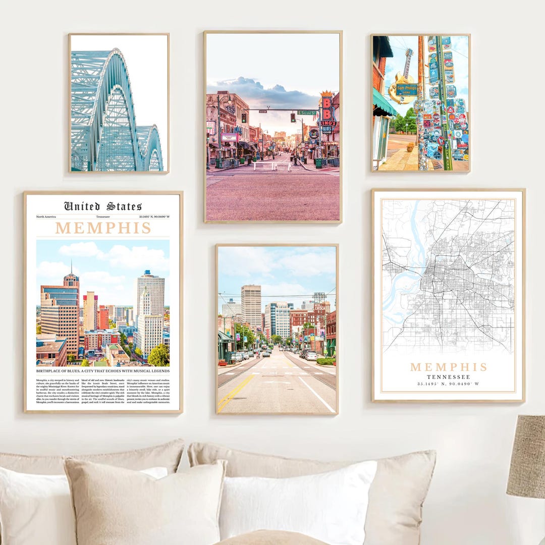 Memphis Travel Art Print Set: Skyline, Beale Street & Map (digital ...