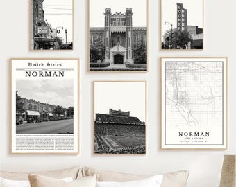 Norman Print Set of 6, Black and White Norman Map Decor, Norman OK Wall Art Photos, Digital Travel Poster Printable, Oklahoma Dorm Gifts