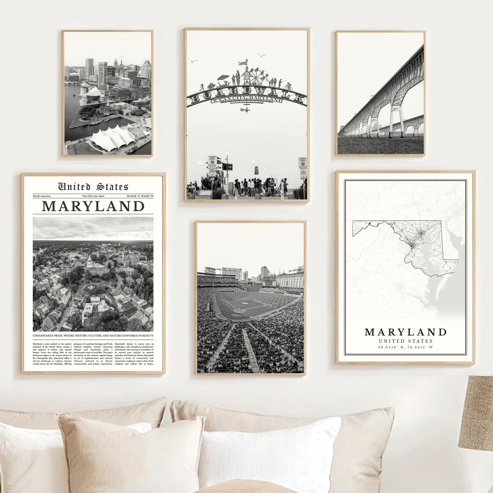 Maryland Print Set of 6, Black and White Maryland Map Home Decor, Maryland Wall Art Photo, Digital Maryland Travel Poster, Maryland Art Gift