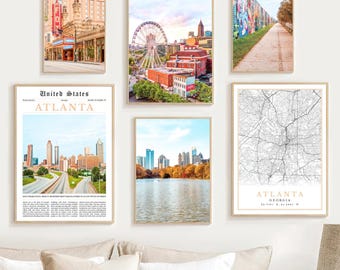Atlanta Print Set of 6, Black and White Atlanta Map Decor, Fox Theatre Wall Art Photo, Digital Atlanta Travel Poster, Georgia Printable Gift