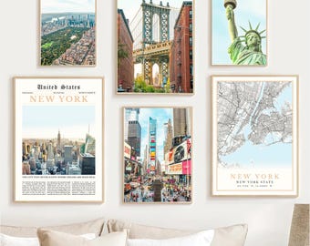 New York City Print Set of 6, New York Wall Art Photo, Digital New York Map Decor, New York Travel Poster, NYC Printable Gift