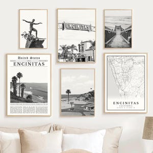 Encinitas Print Set Of 6, Black and White Encinitas California Map Decor, Encinitas Wall Art Photo, Coast Beach Gift Encinitas Travel Poster