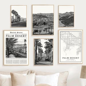 Könnte beinhalten: Ein Set aus Schwarzweißdrucken mit Motiven aus Palm Desert, Kalifornien. Die Drucke beinhalten ein Zeitungsdesign mit dem Text "Vereinigte Staaten, Palm Desert", eine Straßenszene mit Palmen, eine Landschaft mit Bergen und einem See, eine Karte der Stadt und eine Ansicht einer mit Palmen gesäumten Straße.
