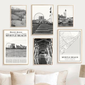 Myrtle Beach Print Set Of 6, Black and White Myrtle Beach Map, Myrtle Beach Wall Art Photos, Myrtle Beach Travel Poster, South Carolina Gift