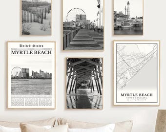 Myrtle Beach Print Set Of 6, Black and White Myrtle Beach Map, Myrtle Beach Wall Art Photos, Myrtle Beach Travel Poster, South Carolina Gift