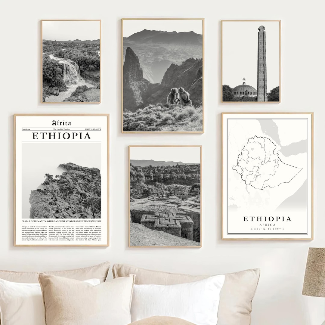 Ethiopia Prints Set of 6, Black and White Ethiopia Map Decor, Ethiopia ...