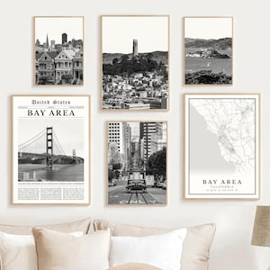 Bay Area Print Set of 6, Black and White San Francisco Bay Area Map Decor, Bay Area Wall Art Photo, Bay Area Travel Poster, California Gifts