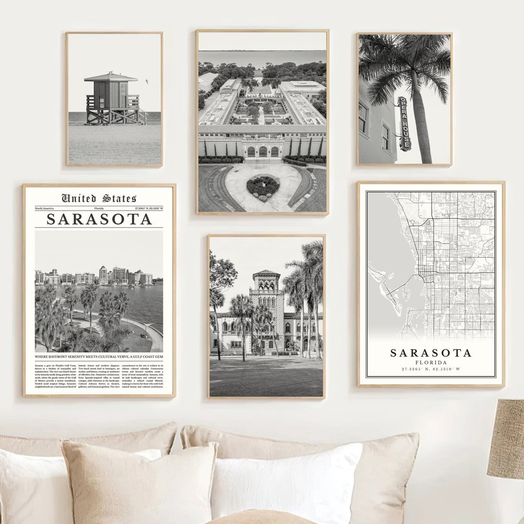 Sarasota Print Set of 6, Black and White Sarasota Map Home Decor