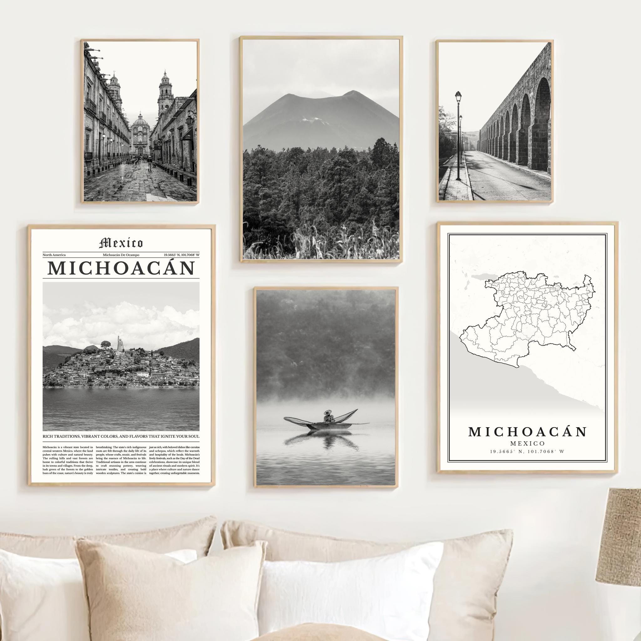 Michoacan Print Set Of 6, Black and White Michoacan Decor Map, Michoacan Wall Art Photo, Michoacan Digital Travel Poster Morelia Mexico Gift