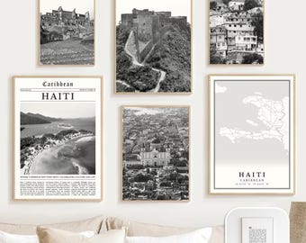Digital Haiti Black and White Print Set Of 6, Haiti Map Decor, Haitian Art, Haiti Wall Art, Caribbean Travel Poster, Haiti Gift, Ayiti Hayti