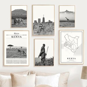 May include: A collection of framed black and white prints featuring African landscapes and wildlife. The prints include images of an elephant, giraffe, zebra, and a map of Kenya. The word "Kenya" is visible on several prints.