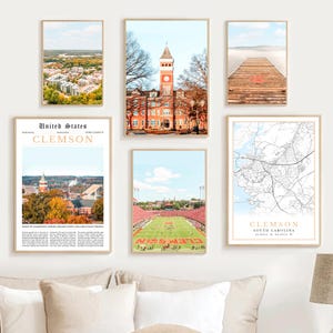 Clemson Print Set Of 6, Clemson South Carolina Map, Memorial Stadium SC Wall Art Photos, Tillman Hall Travel Poster, Clemson University Gift