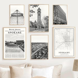 Spokane Print Set of 6, Black and White Spokane Map Decor, Spokane Washington Wall Art Photo, Digital Spokane WA Travel Poster, Spokane Gift