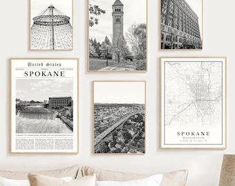 Spokane Print Set of 6, Black and White Spokane Map Decor, Spokane Washington Wall Art Photo, Digital Spokane WA Travel Poster, Spokane Gift