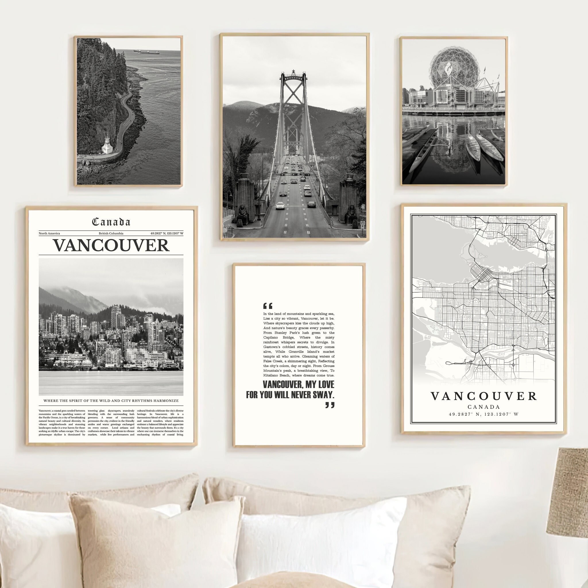 Digital Vancouver Black and White Print Set of 6, Vancouver Map Print, Vancouver Wall Art