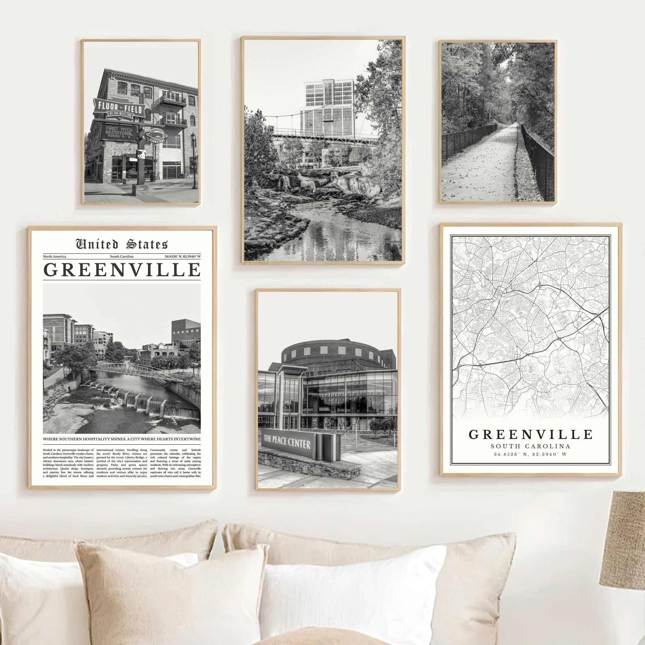 Greenville SC Print Set Of 6, Black and White Greenville SC Wall Art ...