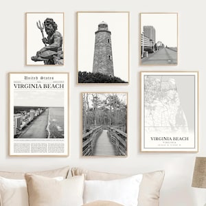 Virginia Beach Print Set Of 6, Black and White Virginia Beach Map Home Decor, Virginia Wall Art Photo, Virginia Travel Poster, Virginia Gift
