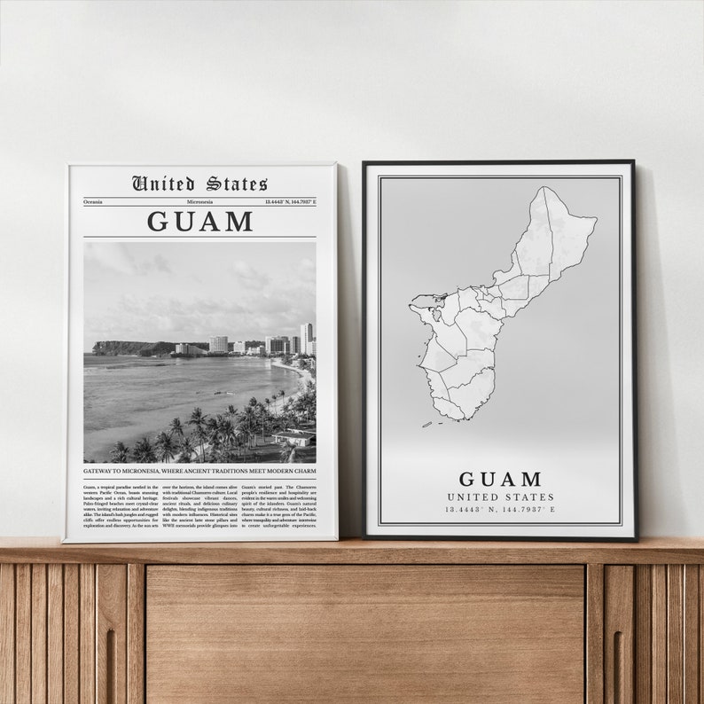 Guam Print Set of 6, Black and White Guam Map, Digital Guam Art Print, Guam Wall Art Photos