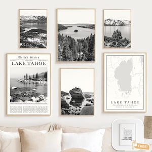Digital Lake Tahoe Print Set 6, Black and White Lake Tahoe Map Decor, Lake Tahoe Travel Poster, Lake Tahoe Wall Art Photos, Lake Tahoe Gifts