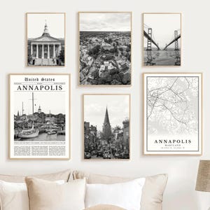 Annapolis Maryland Print Set of 6, Black and White Annapolis Map Decor, Annapolis MD Wall Art Photo, Annapolis Travel Poster, Annapolis Gift