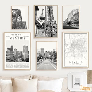 Memphis Print Set Of 6, Black And White Memphis Map Decor, Memphis Wall Art Photos, Digital Memphis Travel Poster, Printable Tennessee Gifts