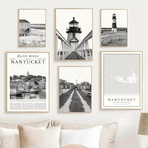 Nantucket Print Set Of 6, Black and White Nantucket Map Decor, Brant Point Wall Art Photo, Nantucket Harbor Travel Poster Massachusetts Gift
