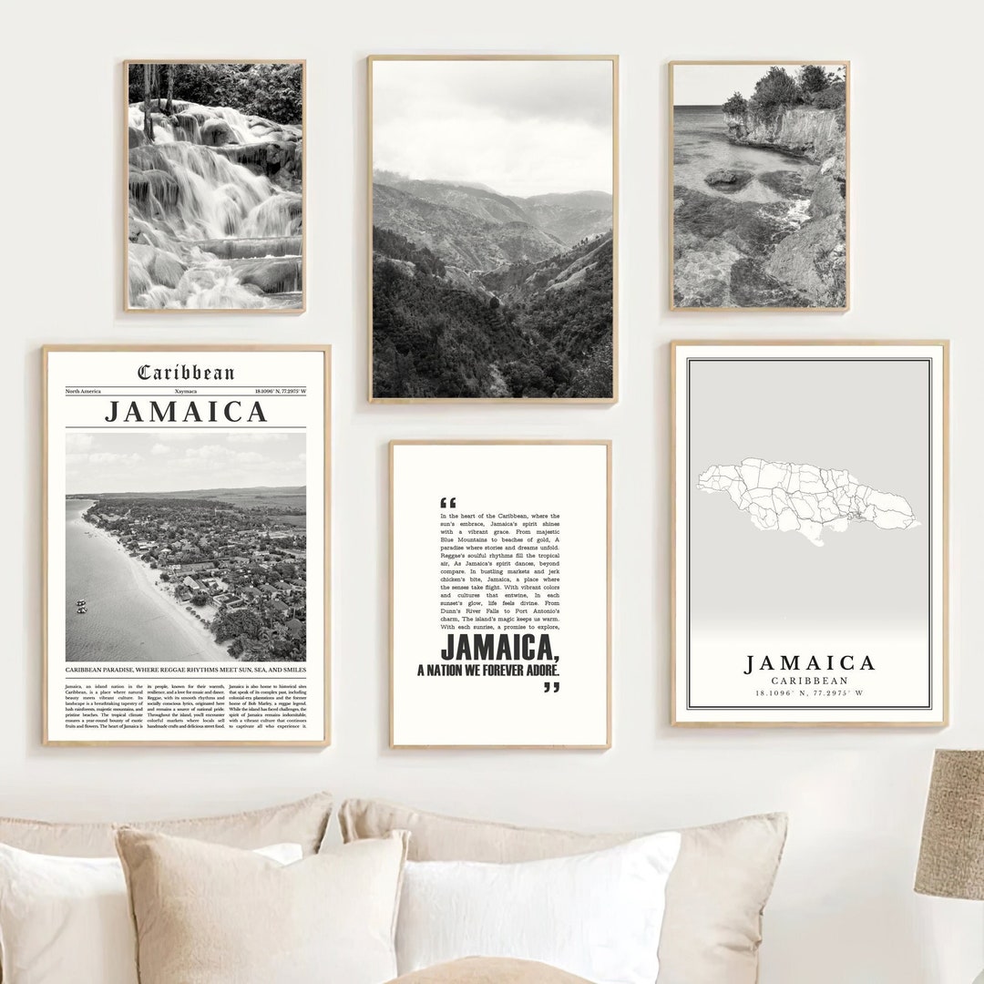 Digital Jamaica Art Set of 6, Black and White Jamaica Prints, Jamaica Map Decor, Jamaica Travel