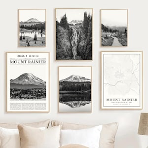 Mount Rainier Print Set Of 6, Black And White Mount Rainier Map Decor, Mt Rainier Wall Art Photos, Mount Rainier National Park Travel Poster